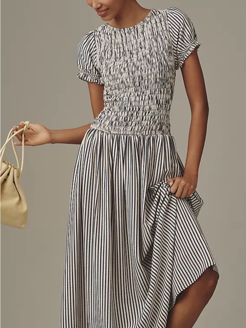 Maeve by Anthropologie Striped Black & White Smocked Midi Dress